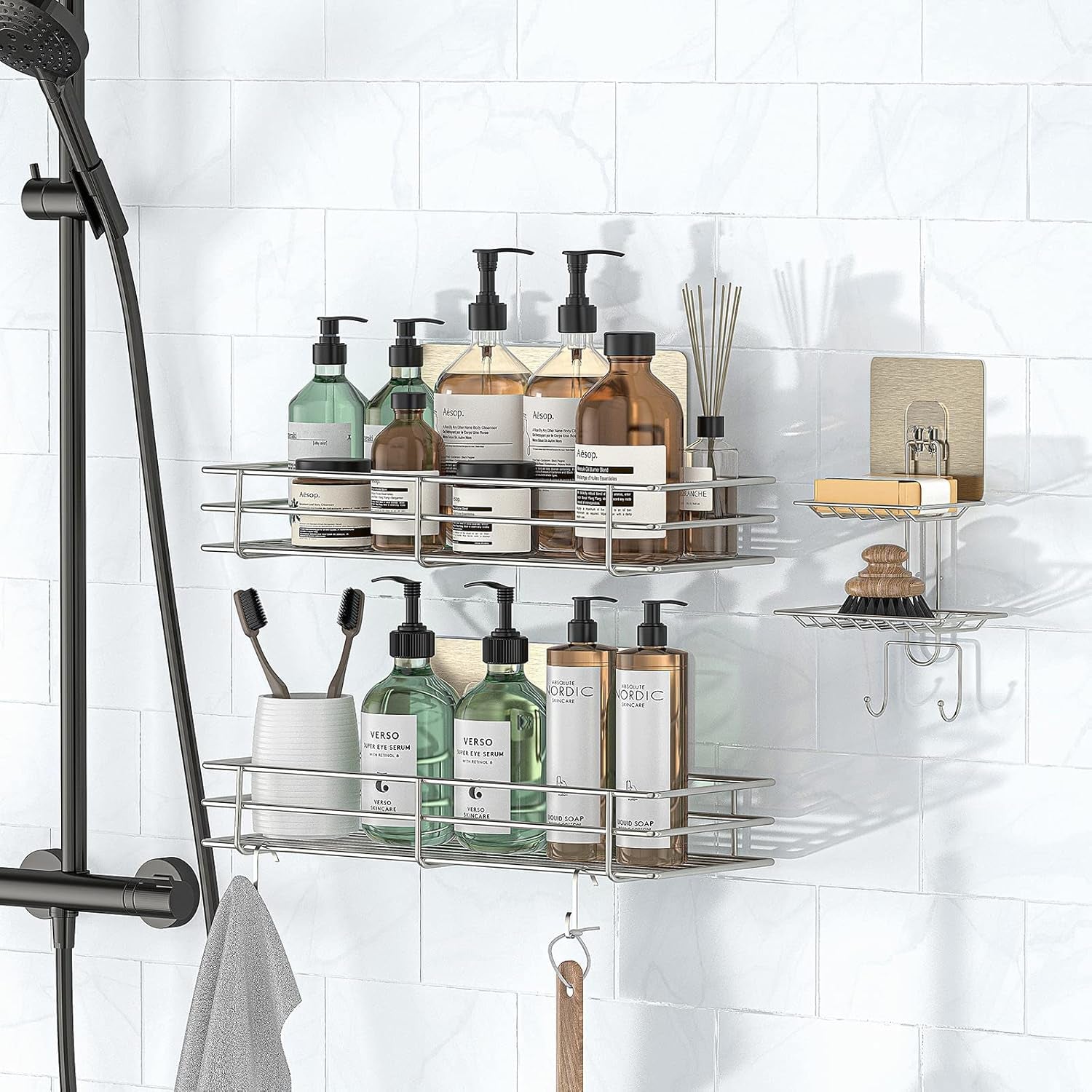 Shower Caddy Shelf Set with Soap Holder – 3-Pack No-Drill Stainless Steel Bathroom Organizer