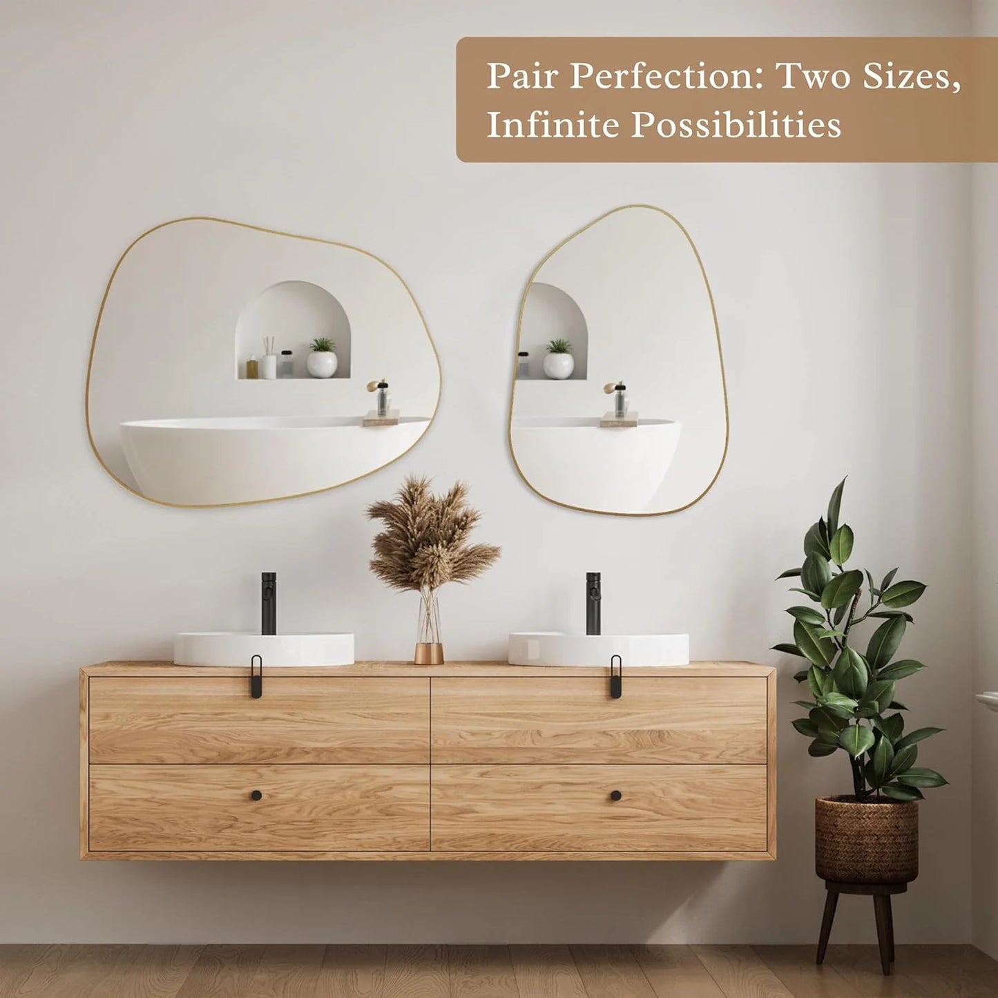 Asymmetrical Wall Mirror 28"x20" – Golden Wood Frame, Decorative for Living Room & Bathroom