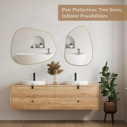 Asymmetrical Wall Mirror 28"x20" – Golden Wood Frame, Decorative for Living Room & Bathroom