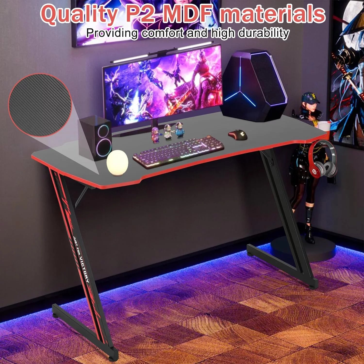 NCS Z-Shaped 47" Gaming Computer Desk – Sturdy Home Office Table with Headset Hook, Red