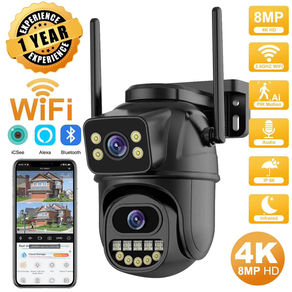 Outdoor 4K 8MP PTZ IP Camera – Dual Lens, AI Auto Tracking, Dual Screen, Audio & Video Surveillance