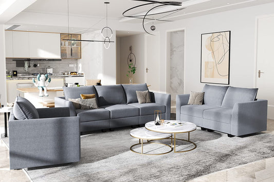 Living Room Furniture Set – 3-Piece Bluish Grey Polyester Fabric Sofa, Loveseat & Armchair