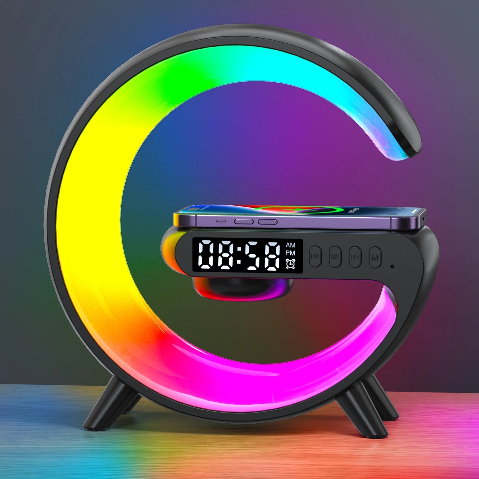 Multi-Function G-Shape Table Lamp – Wireless Speaker, Adjustable Light, Alarm Clock & Charger