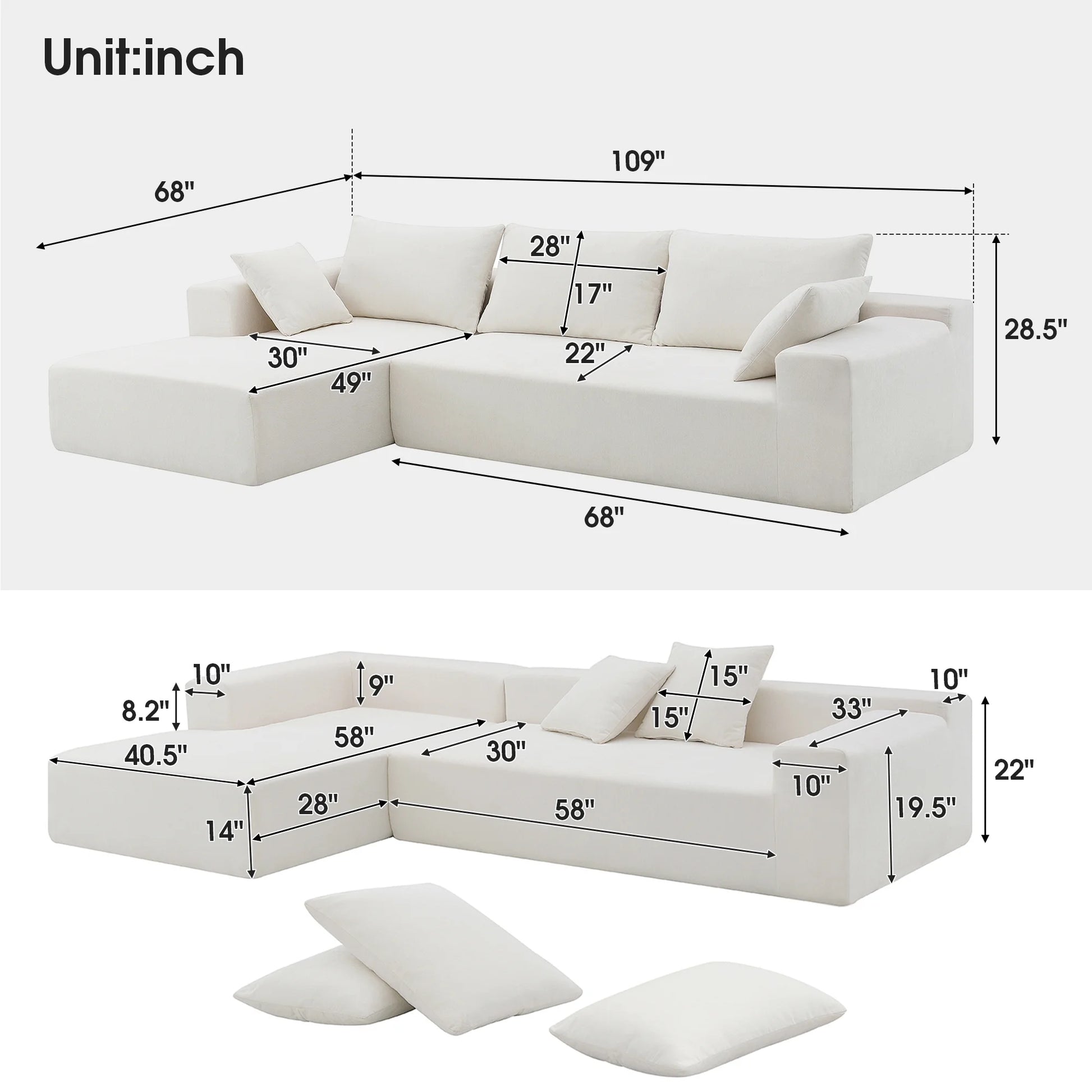 White Modular Sectional Sofa – 109" L-Shaped Sleeper Couch, Modern Minimalist Style