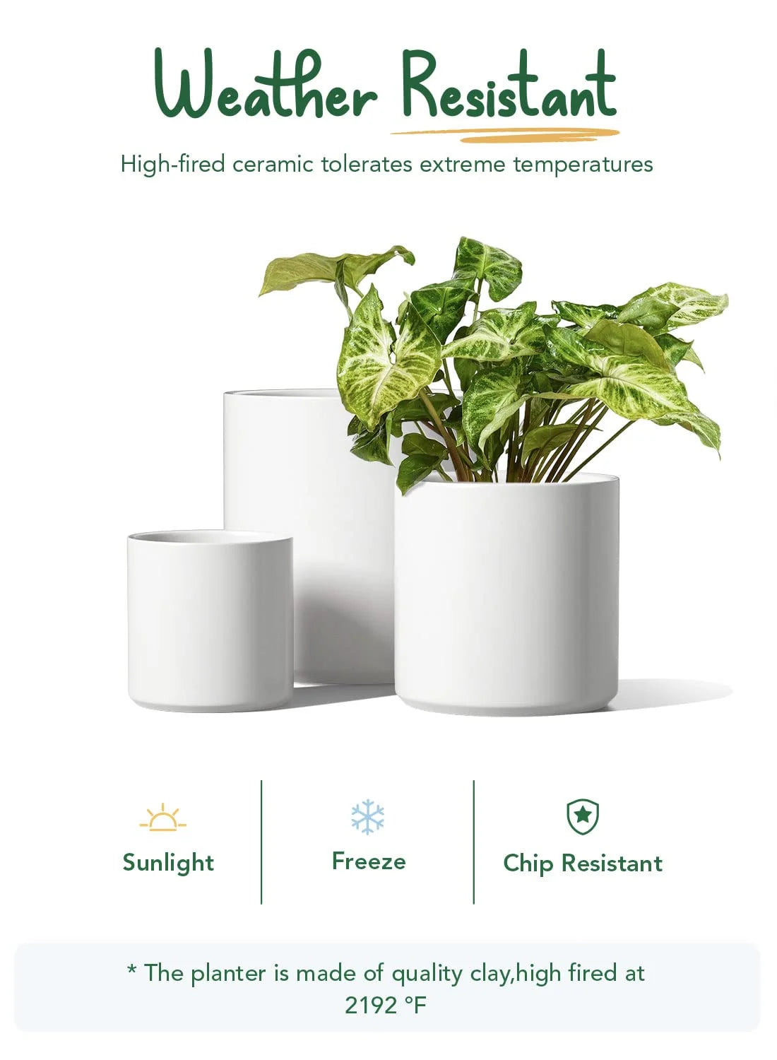 White Plant Pots Set of 3 – Indoor & Outdoor, 10", 8", 6" with Drainage Hole and Plug