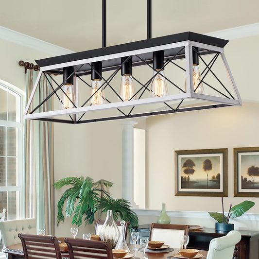 Rustic Farmhouse 5-Light Pendant Light – Rectangular Chandelier for Dining Room or Kitchen Island