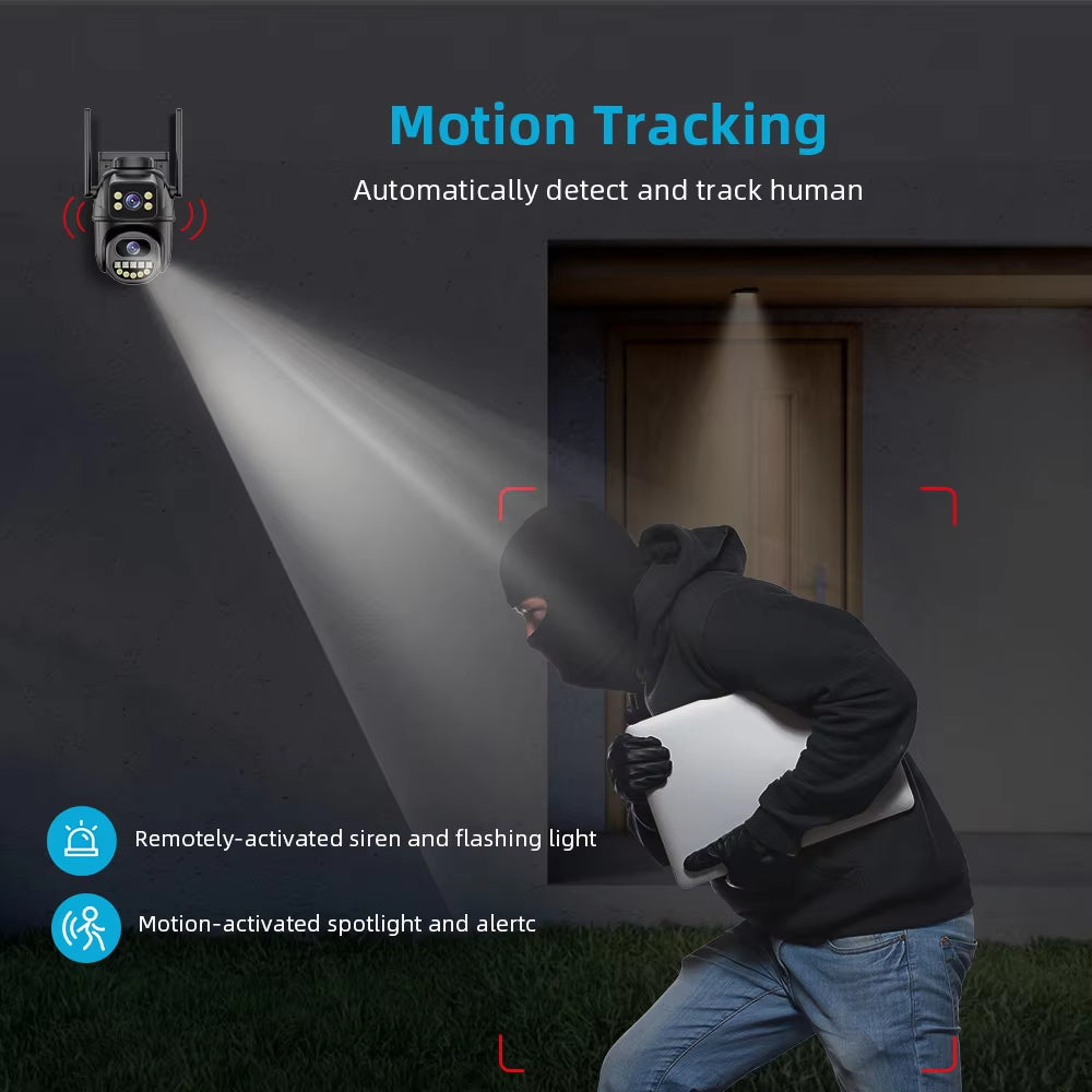 Outdoor 4K 8MP PTZ IP Camera – Dual Lens, AI Auto Tracking, Dual Screen, Audio & Video Surveillance