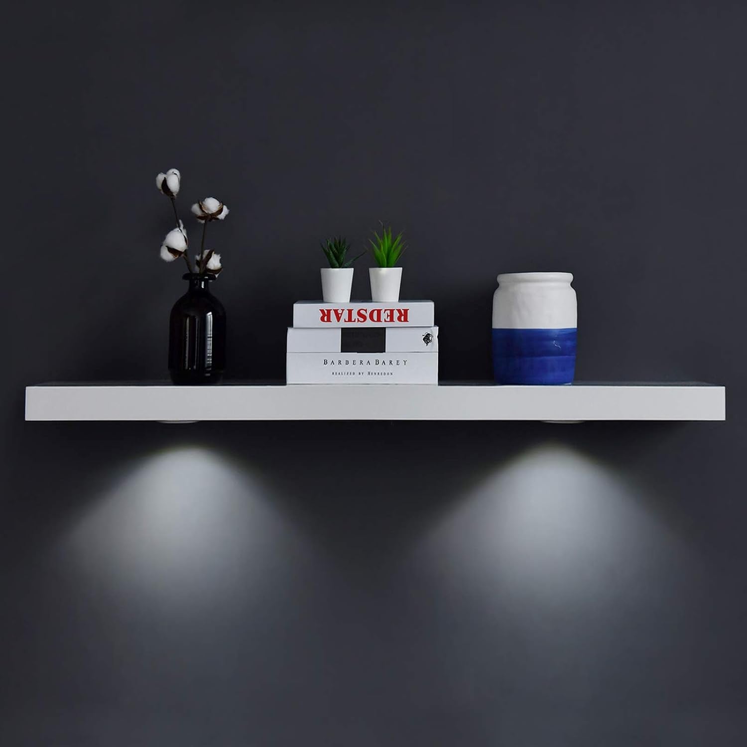 White Floating Shelf with Built-In Touch LED Light – 48" Wall Shelf for Modern Home Decor