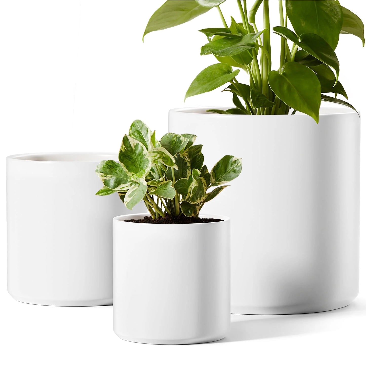 White Plant Pots Set of 3 – Indoor & Outdoor, 10", 8", 6" with Drainage Hole and Plug