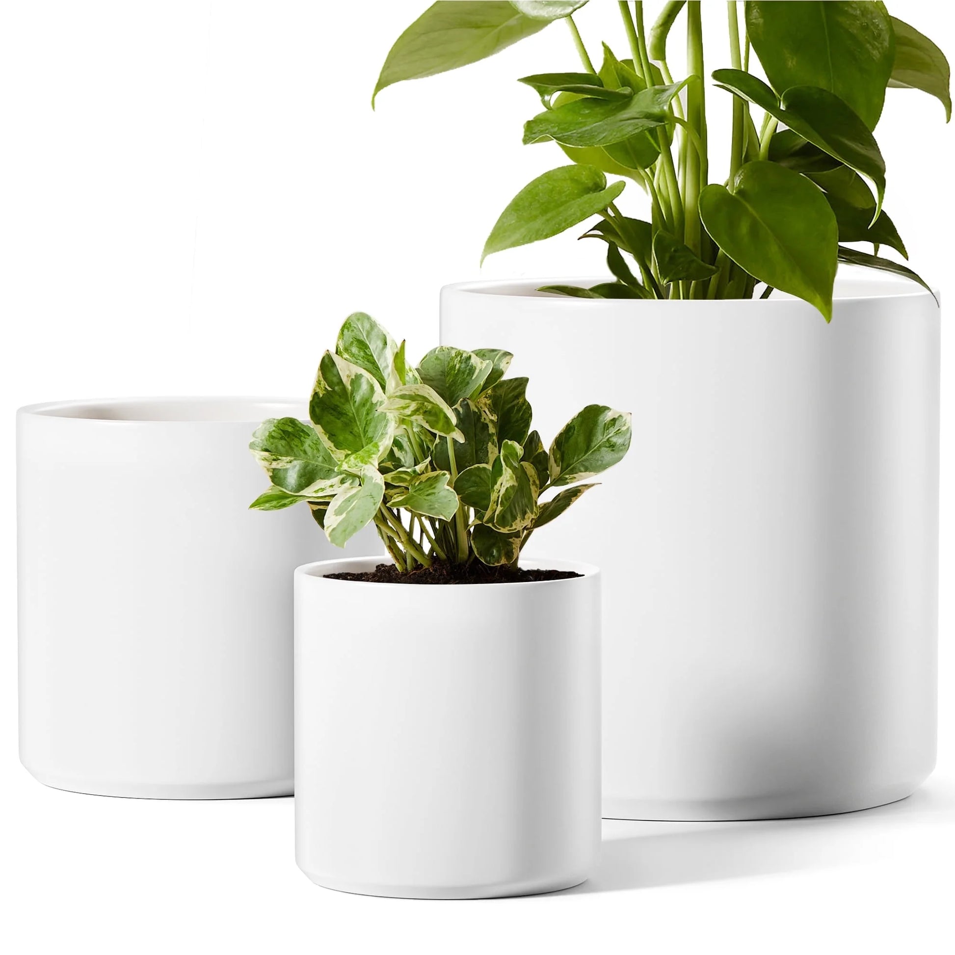 White Plant Pots Set of 3 – Indoor & Outdoor, 10", 8", 6" with Drainage Hole and Plug