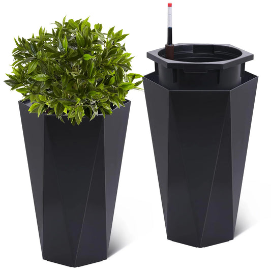 Set of 2 Black 23" Tall Planters – Porch Planter Pots with Inner Bucket, Drainage & Automatic Watering