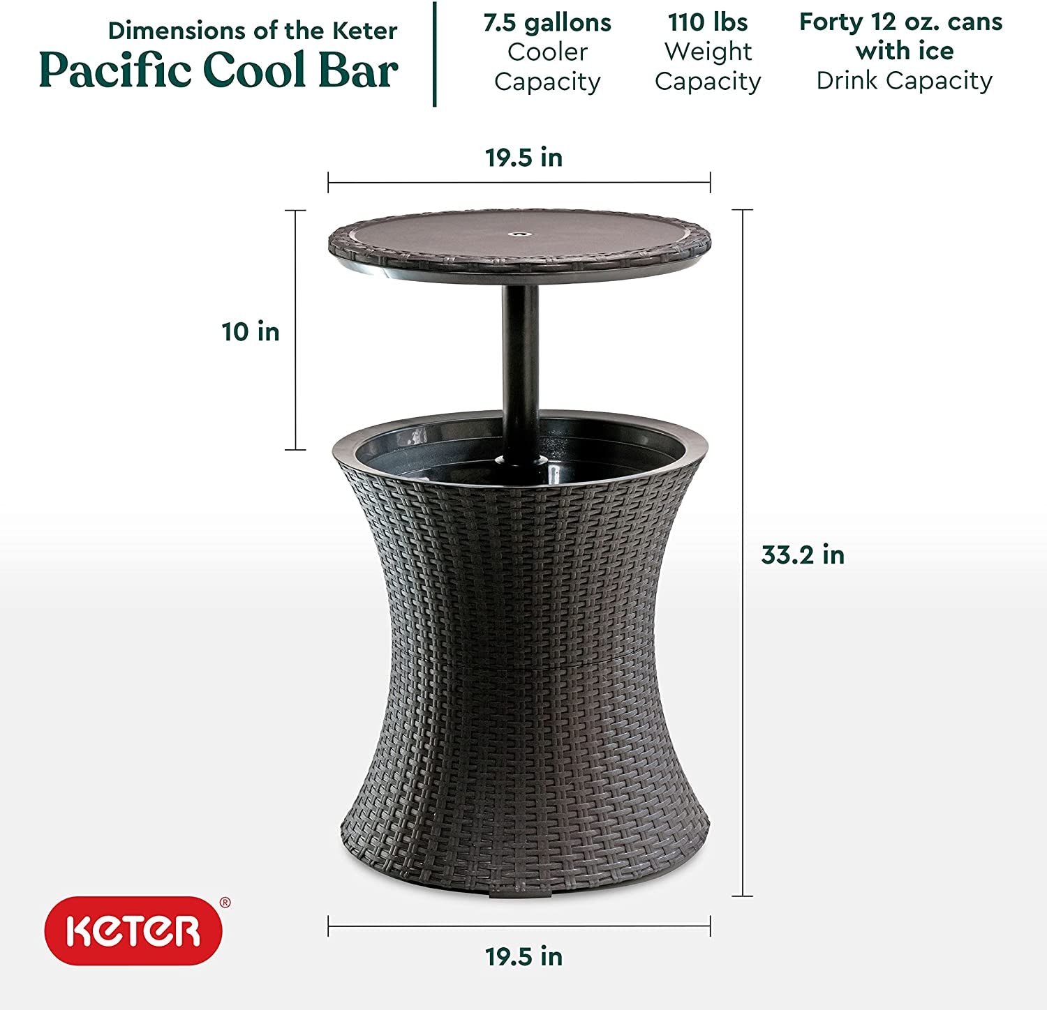 Pacific Cool Bar – Multi-Use Patio Side Table with Built-In Cooler (7.5 Gal), Ideal for Outdoor Entertaining