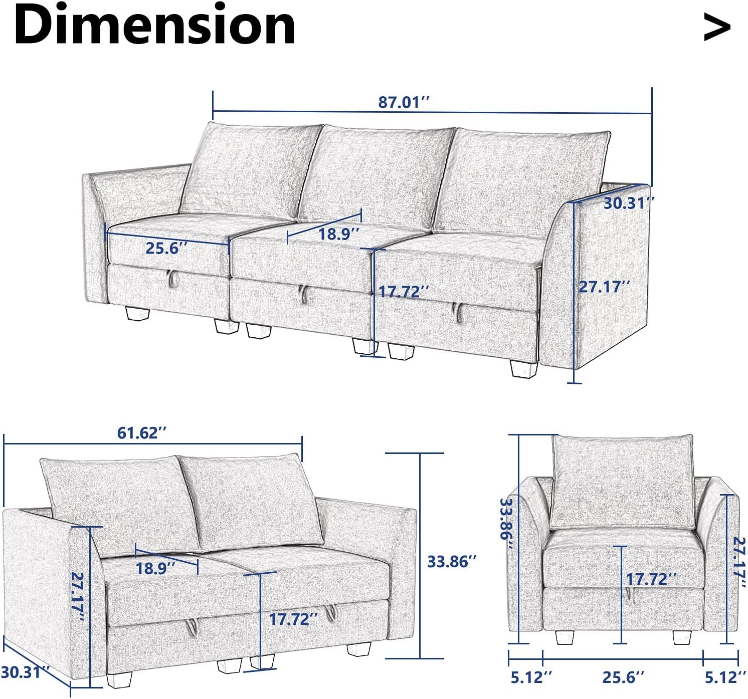 Living Room Furniture Set – 3-Piece Bluish Grey Polyester Fabric Sofa, Loveseat & Armchair