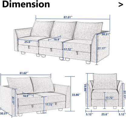Living Room Furniture Set – 3-Piece Bluish Grey Polyester Fabric Sofa, Loveseat & Armchair