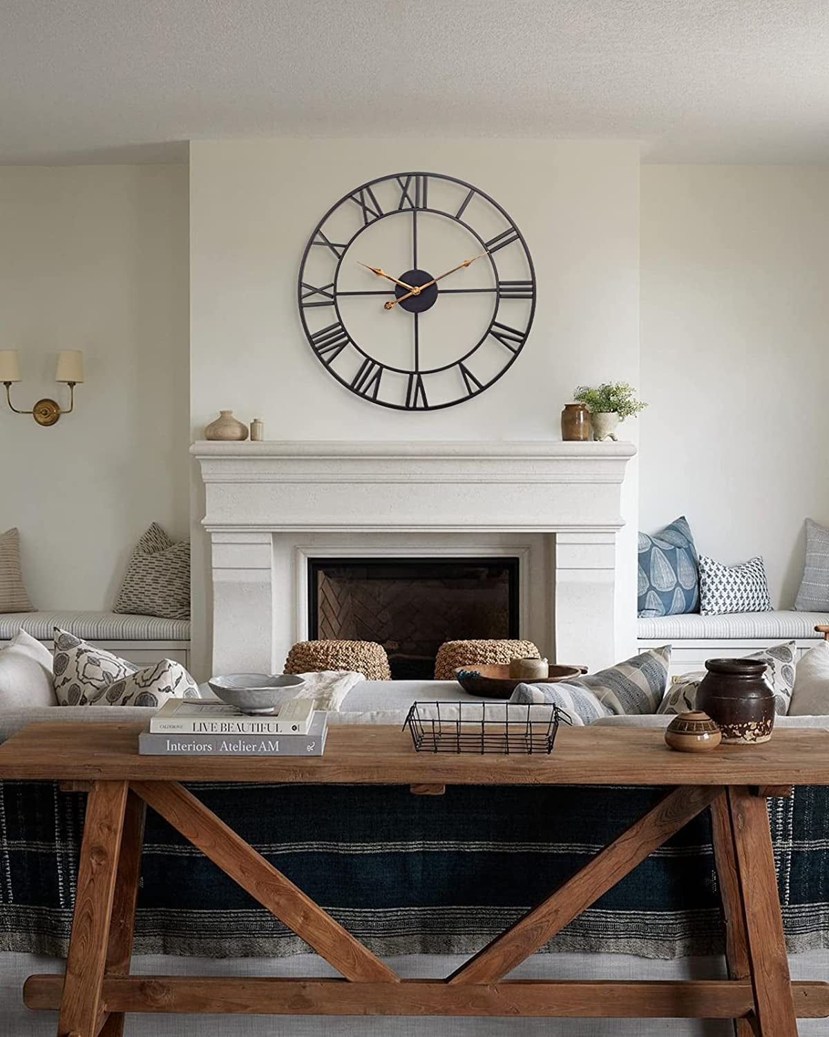 Vintage Industrial 24" Wall Clock – Silent Battery-Operated Metal Clock with Roman Numerals, Black