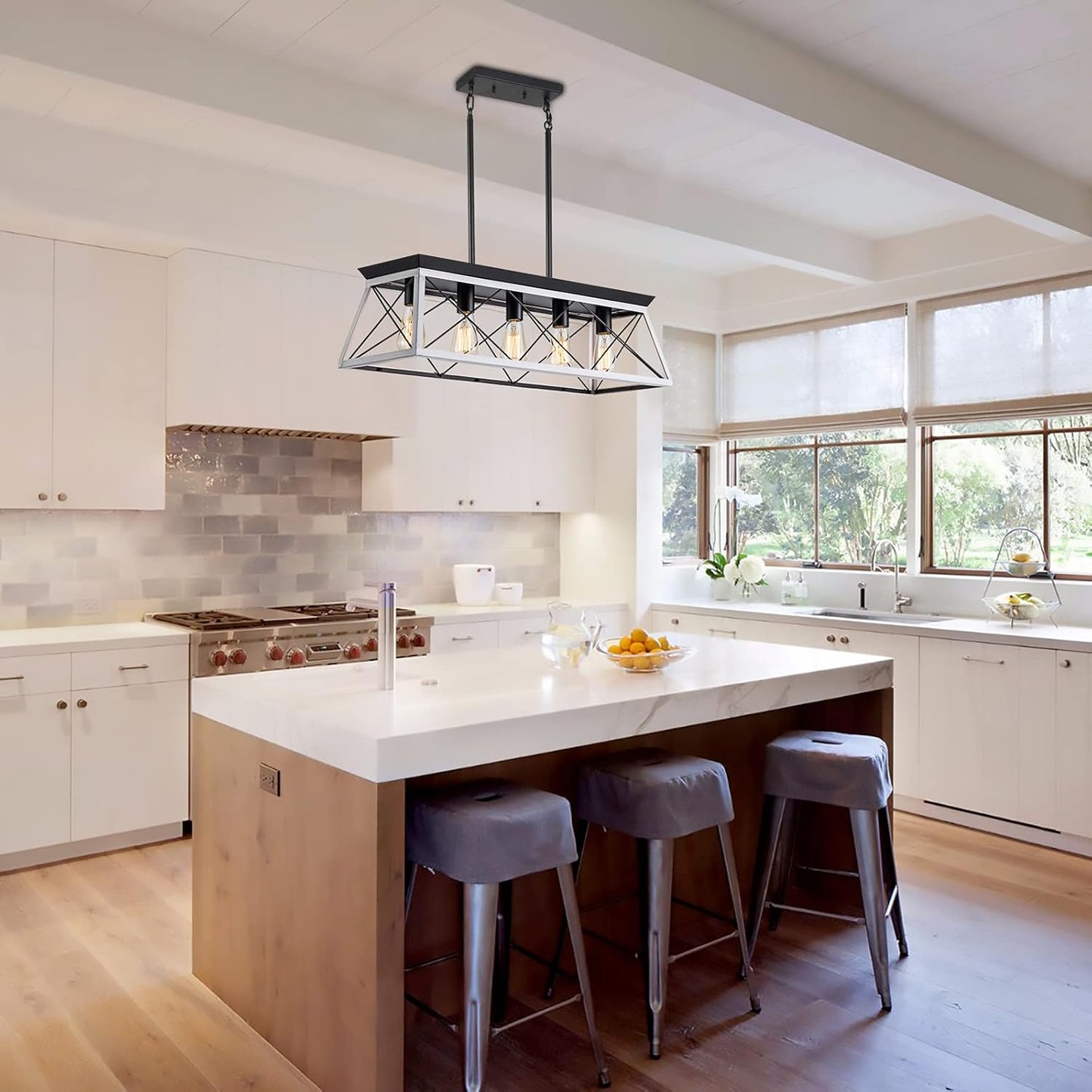 Rustic Farmhouse 5-Light Pendant Light – Rectangular Chandelier for Dining Room or Kitchen Island