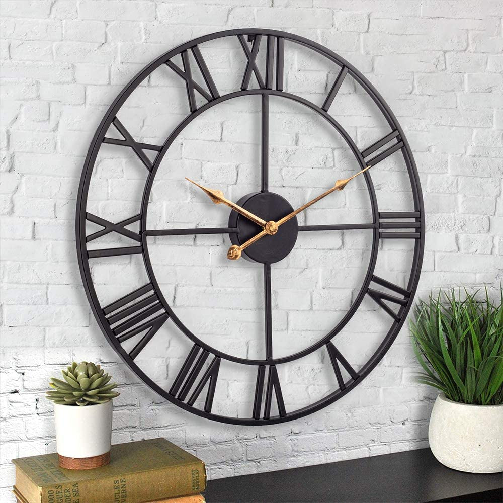 Vintage Industrial 24" Wall Clock – Silent Battery-Operated Metal Clock with Roman Numerals, Black