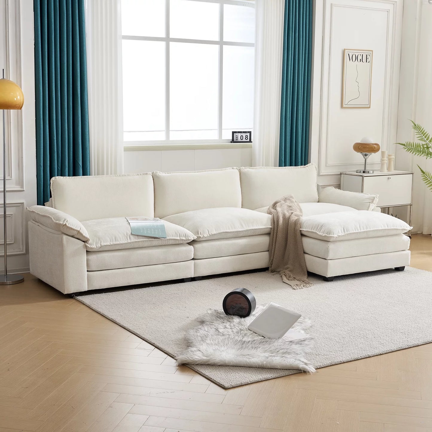 120" W Sectional Sofa L Shaped Couch with Chaise Living Room Sleeper Set, 3 Seats with Chenille and Double Layer Cushions Beige