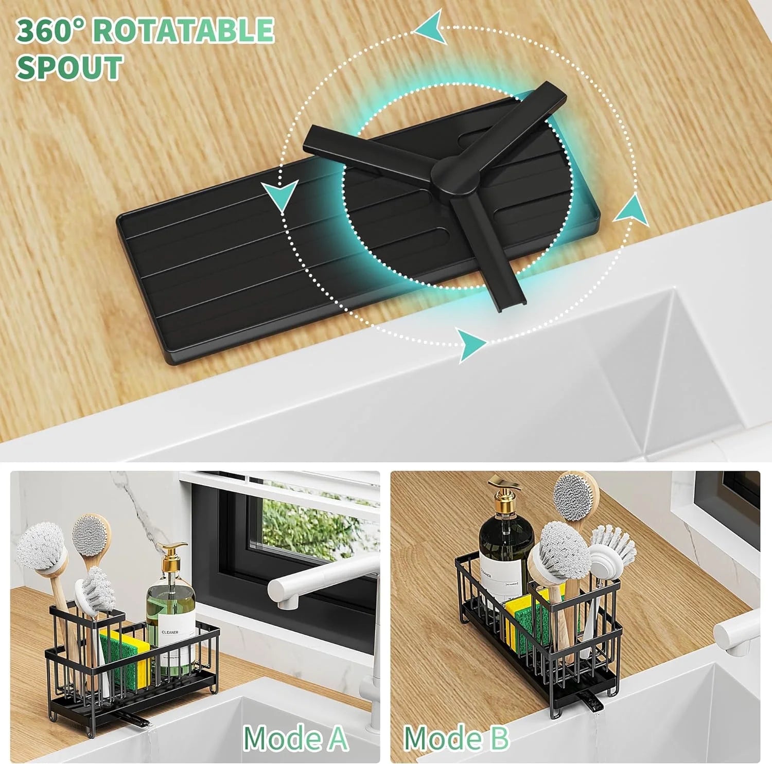 Rustproof Black Kitchen Sink Sponge Holder – Organizer Caddy with Brush Holder & Soap Dispenser
