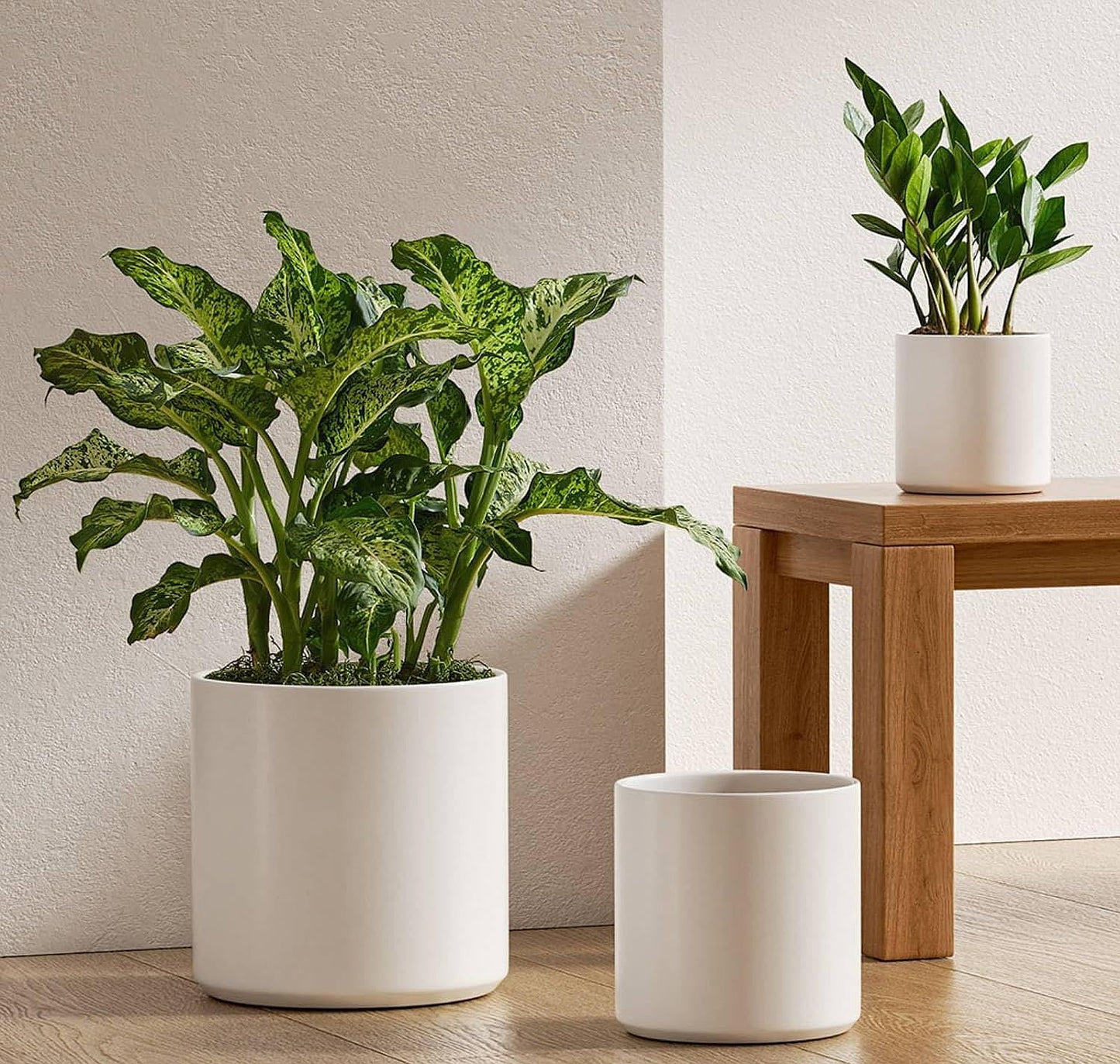 White Plant Pots Set of 3 – Indoor & Outdoor, 10", 8", 6" with Drainage Hole and Plug