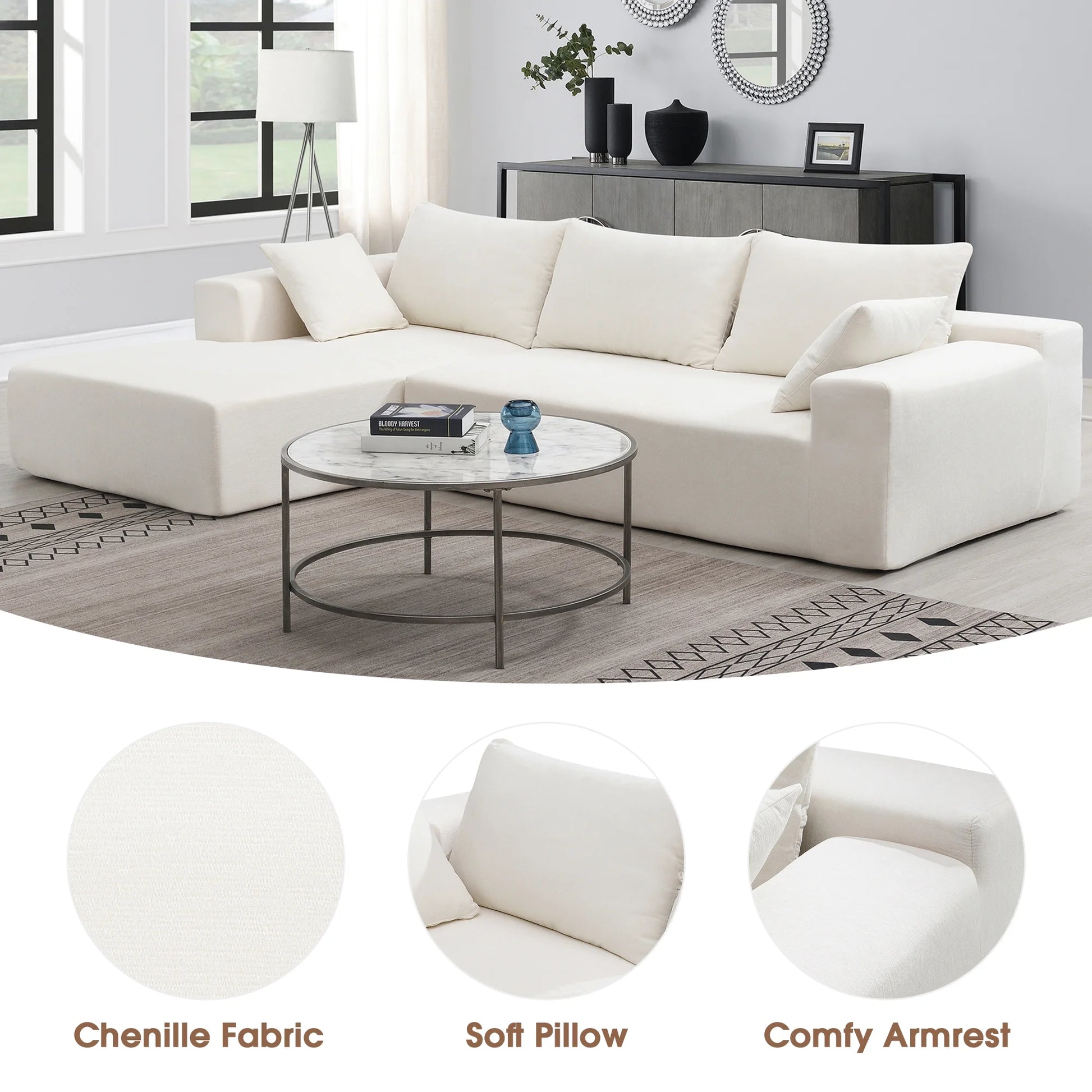 White Modular Sectional Sofa – 109" L-Shaped Sleeper Couch, Modern Minimalist Style