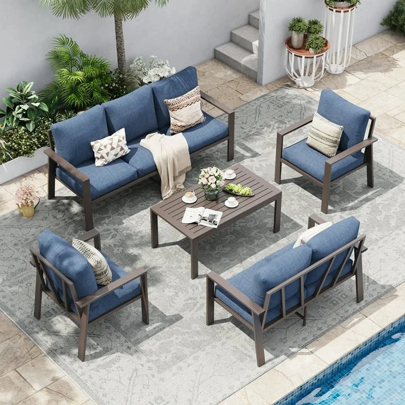 Contemporary Aluminum Patio Couch Set – Blue Outdoor Conversation Furniture