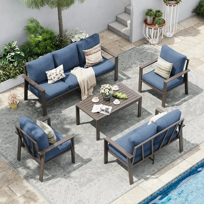 Contemporary Aluminum Patio Couch Set – Blue Outdoor Conversation Furniture
