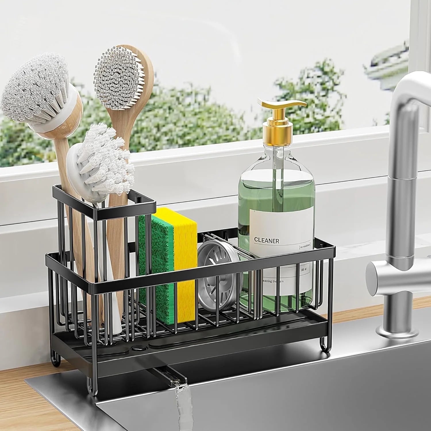 Rustproof Black Kitchen Sink Sponge Holder – Organizer Caddy with Brush Holder & Soap Dispenser