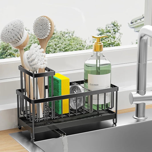 Rustproof Black Kitchen Sink Sponge Holder – Organizer Caddy with Brush Holder & Soap Dispenser