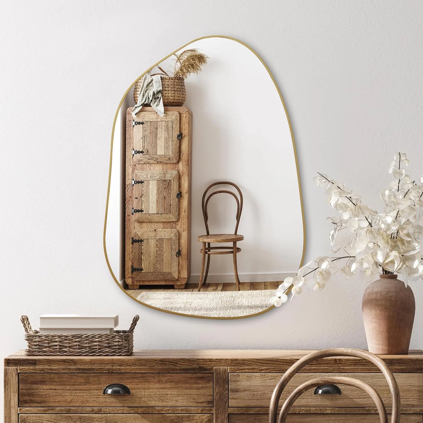 Asymmetrical Wall Mirror 28"x20" – Golden Wood Frame, Decorative for Living Room & Bathroom