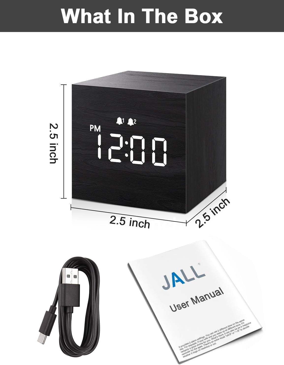 Compact Digital Alarm Clock – Wooden Casing, LED Time Display, Dual Alarm, Black