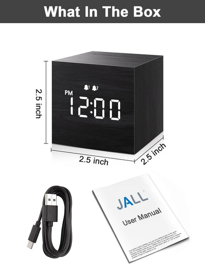 Compact Digital Alarm Clock – Wooden Casing, LED Time Display, Dual Alarm, Black