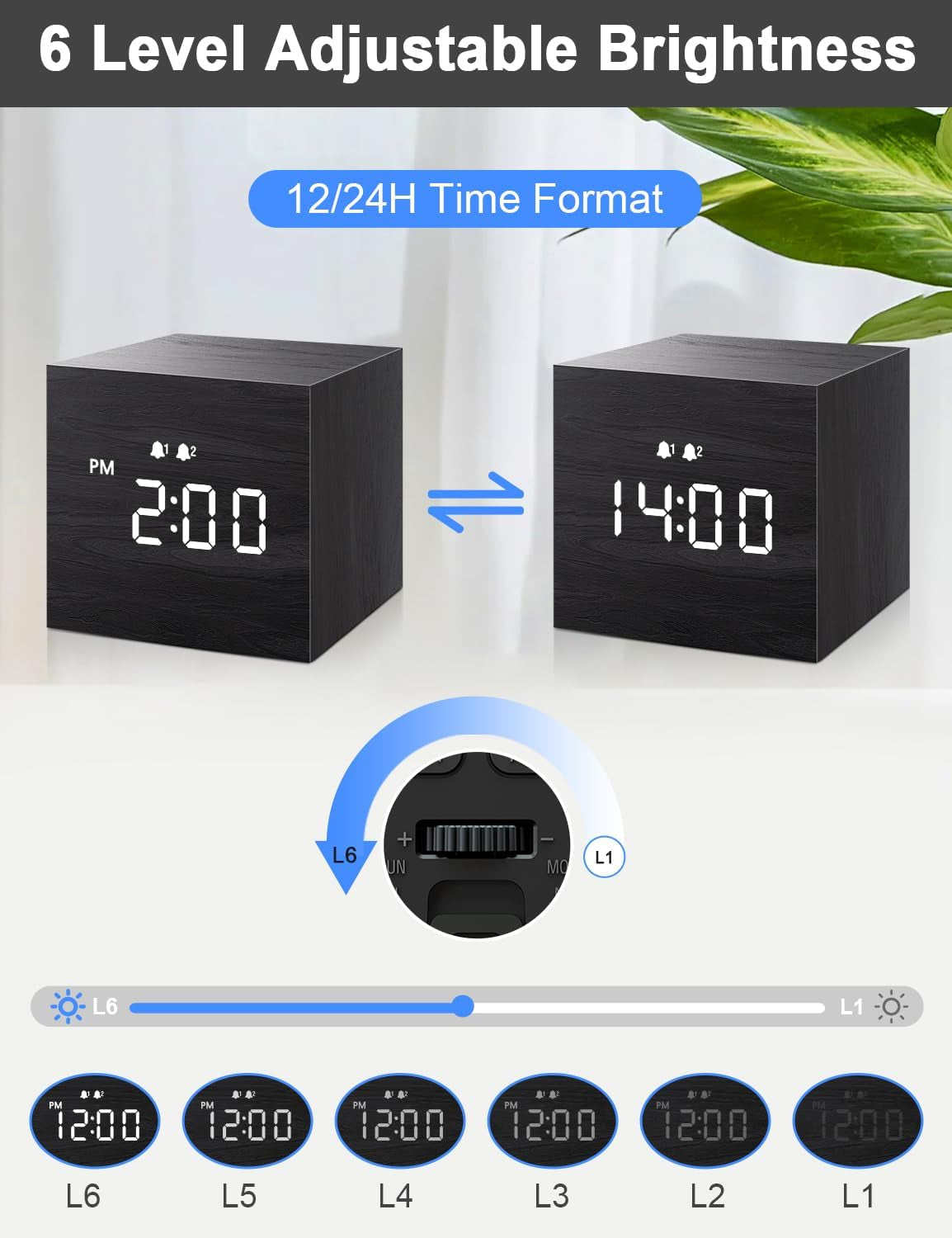 Compact Digital Alarm Clock – Wooden Casing, LED Time Display, Dual Alarm, Black