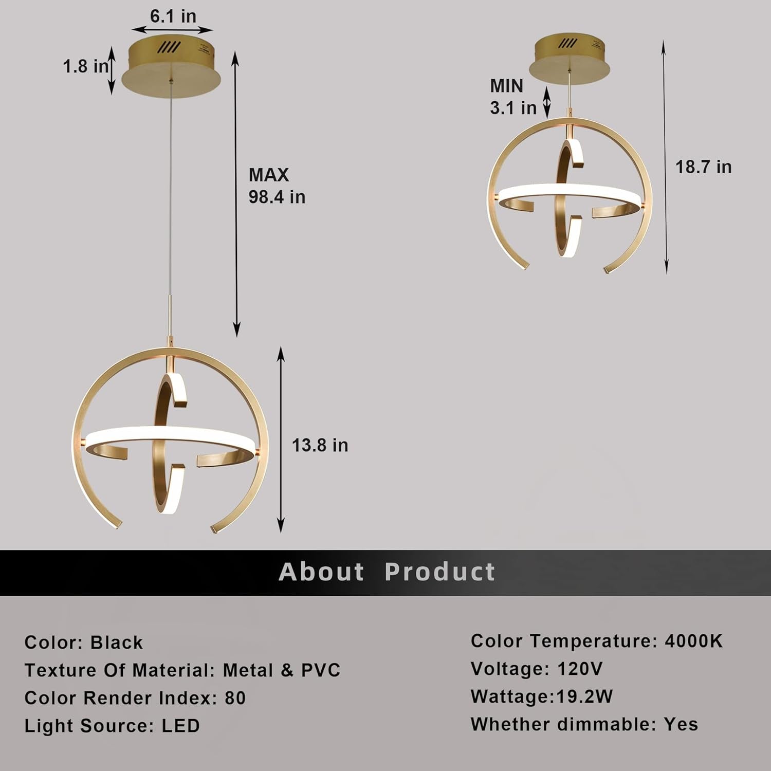 Gold Globe Modern LED Chandelier – Dimmable 4000K Pendant Light Fixture, 19.2W for Indoor Spaces