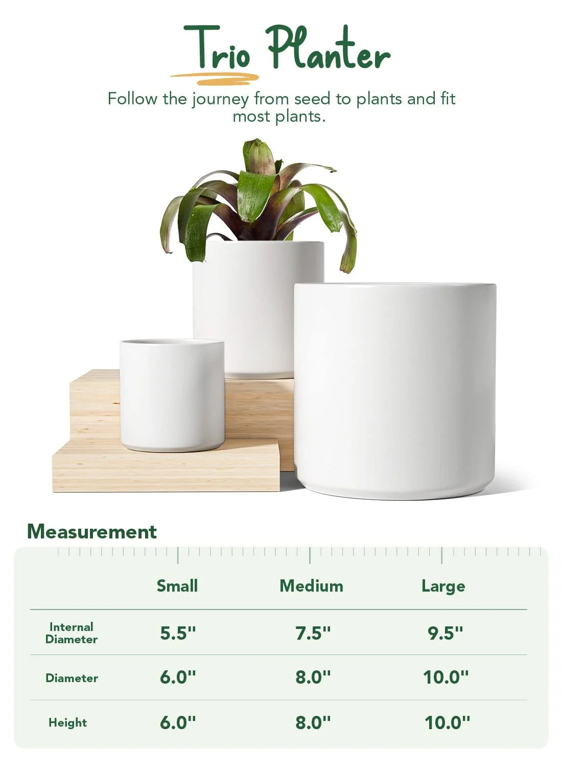 White Plant Pots Set of 3 – Indoor & Outdoor, 10", 8", 6" with Drainage Hole and Plug