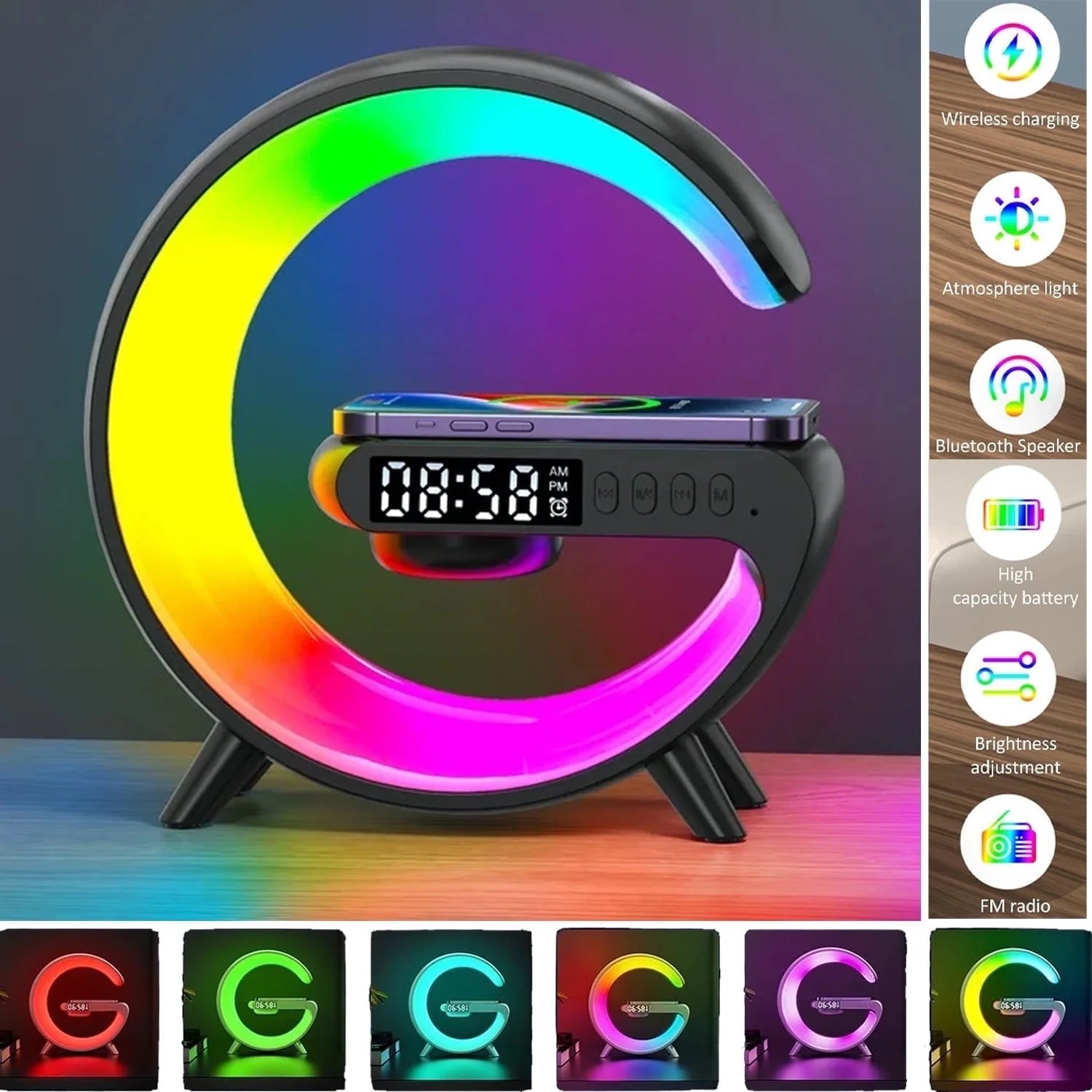 Multi-Function G-Shape Table Lamp – Wireless Speaker, Adjustable Light, Alarm Clock & Charger