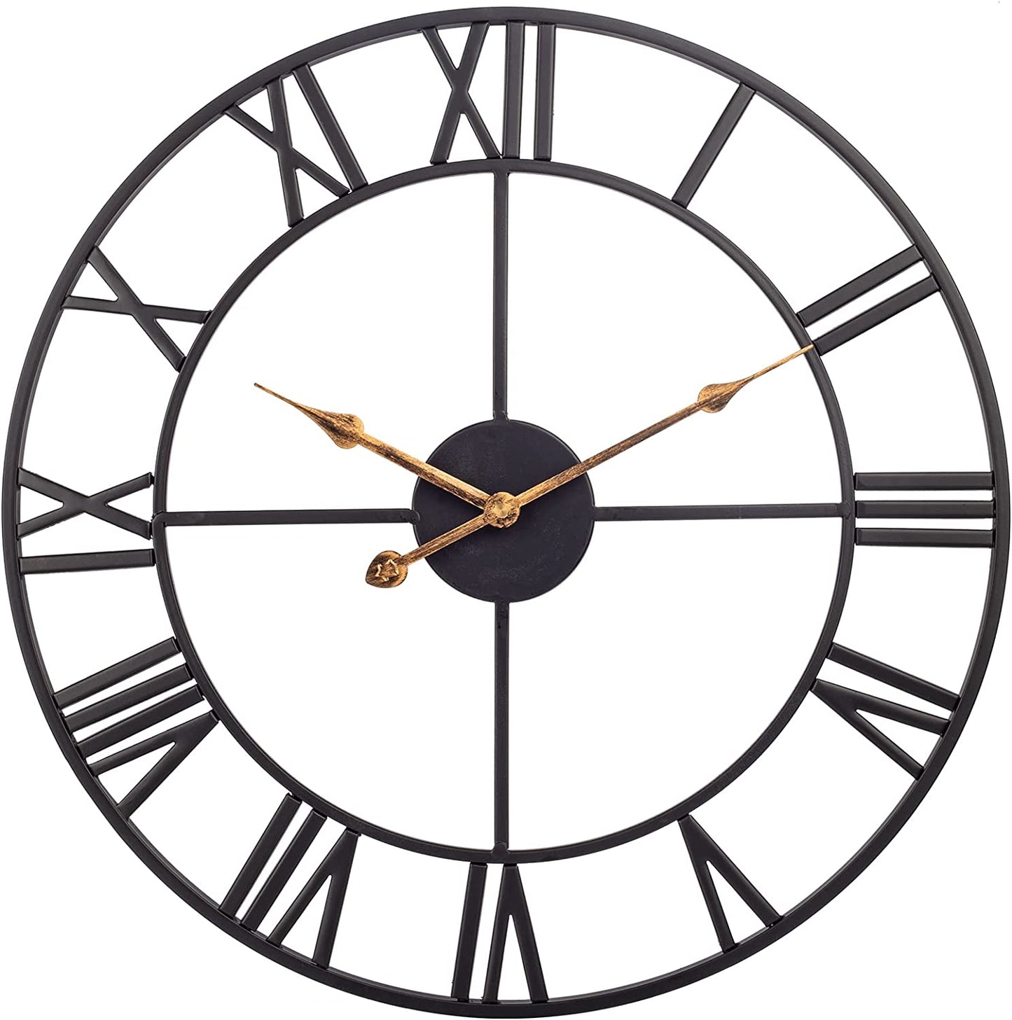 Vintage Industrial 24" Wall Clock – Silent Battery-Operated Metal Clock with Roman Numerals, Black