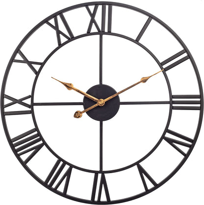 Vintage Industrial 24" Wall Clock – Silent Battery-Operated Metal Clock with Roman Numerals, Black