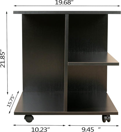 Black Modern End Table with Open Shelf – Wood Bedside Nightstand on Wheels, Storage Shelf