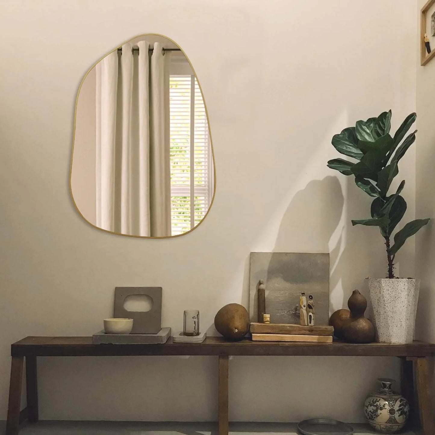 Asymmetrical Wall Mirror 28"x20" – Golden Wood Frame, Decorative for Living Room & Bathroom