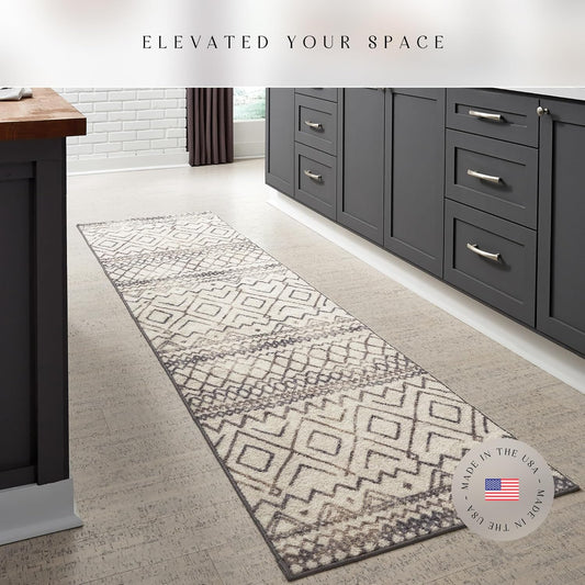 Contemporary Abstract Diamond Runner Rug – Neutral Distressed Non-Slip Hallway Carpet, 2'6" x 10'