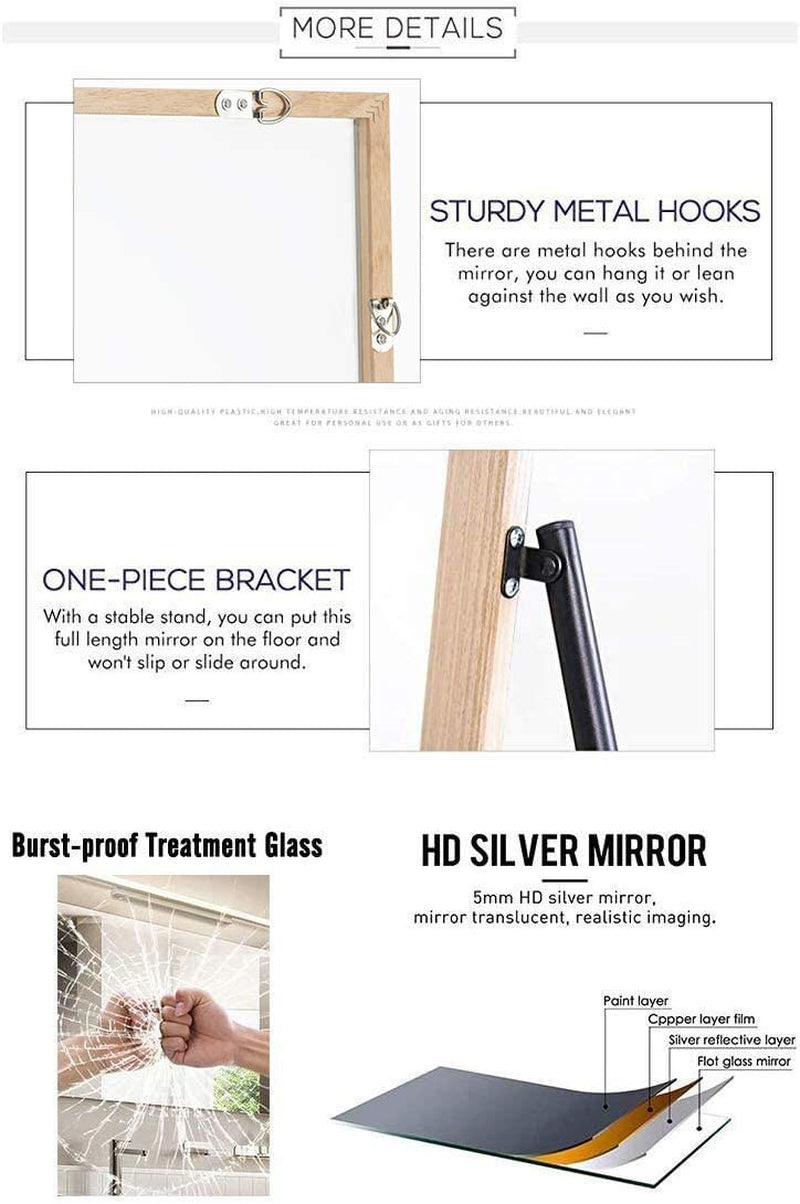 Versatile Full Size Mirror – 65"x22" with Wooden Frame, Leaning or Hanging Design