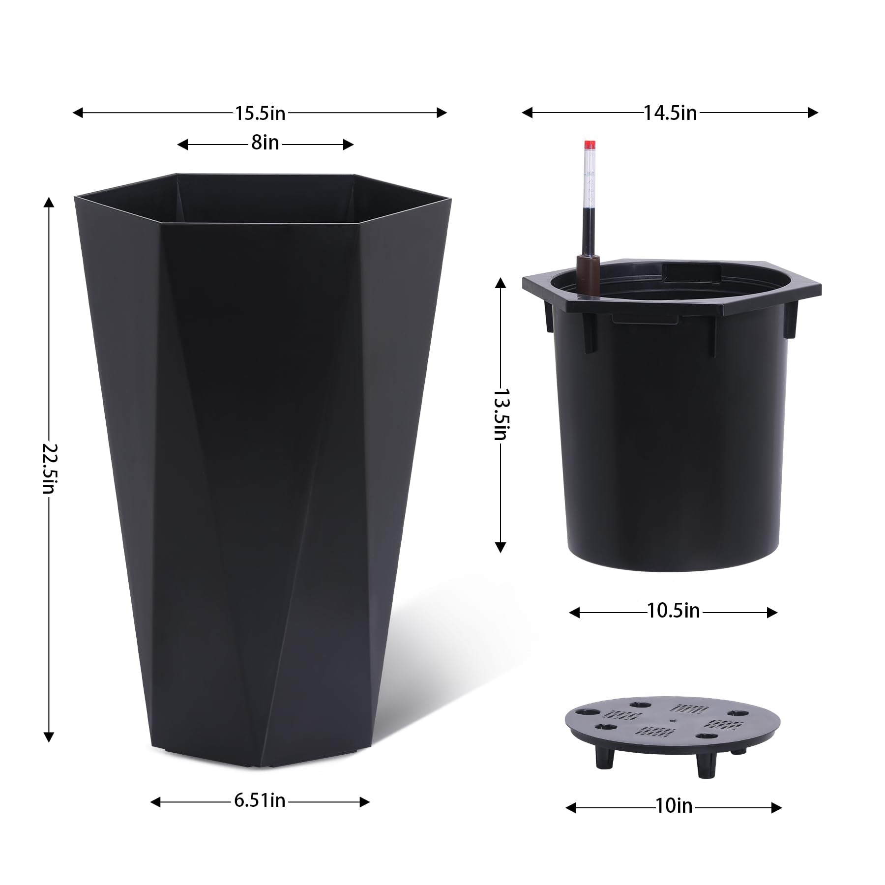 Set of 2 Black 23" Tall Planters – Porch Planter Pots with Inner Bucket, Drainage & Automatic Watering