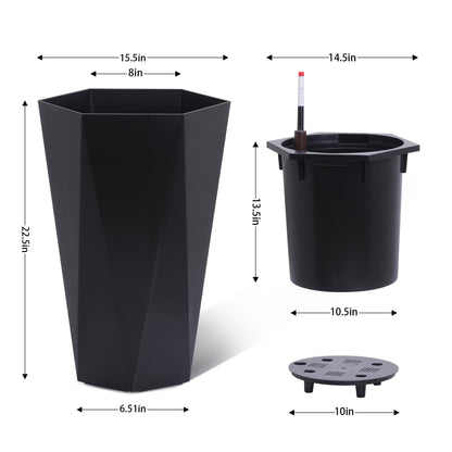 Set of 2 Black 23" Tall Planters – Porch Planter Pots with Inner Bucket, Drainage & Automatic Watering