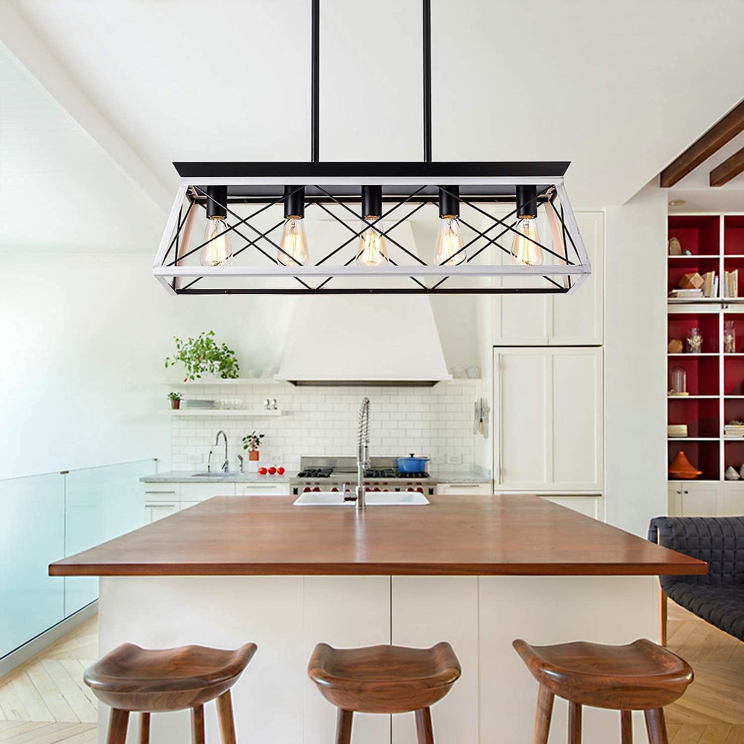Rustic Farmhouse 5-Light Pendant Light – Rectangular Chandelier for Dining Room or Kitchen Island
