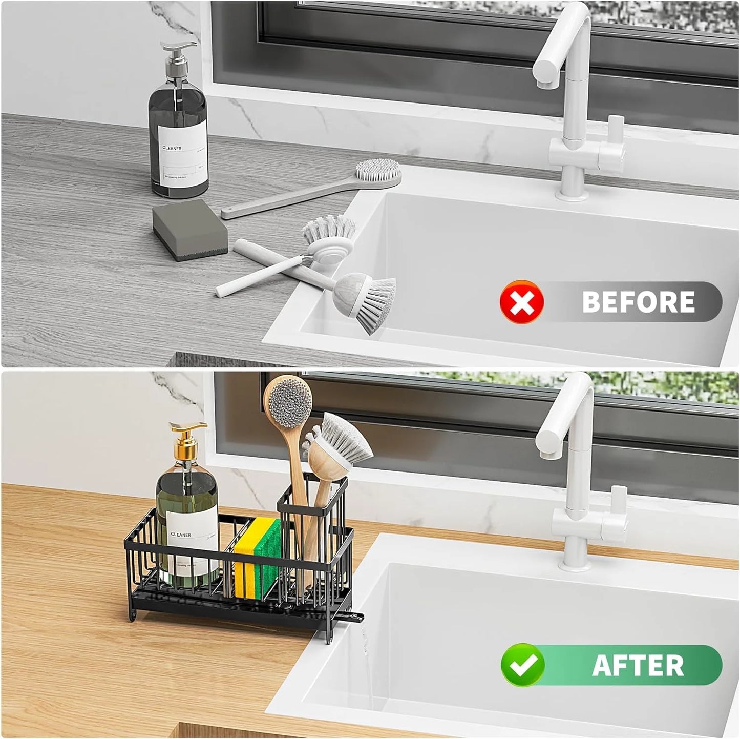 Rustproof Black Kitchen Sink Sponge Holder – Organizer Caddy with Brush Holder & Soap Dispenser