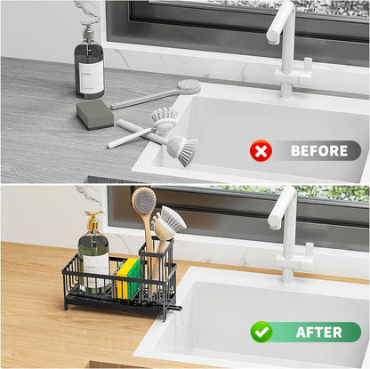 Rustproof Black Kitchen Sink Sponge Holder – Organizer Caddy with Brush Holder & Soap Dispenser