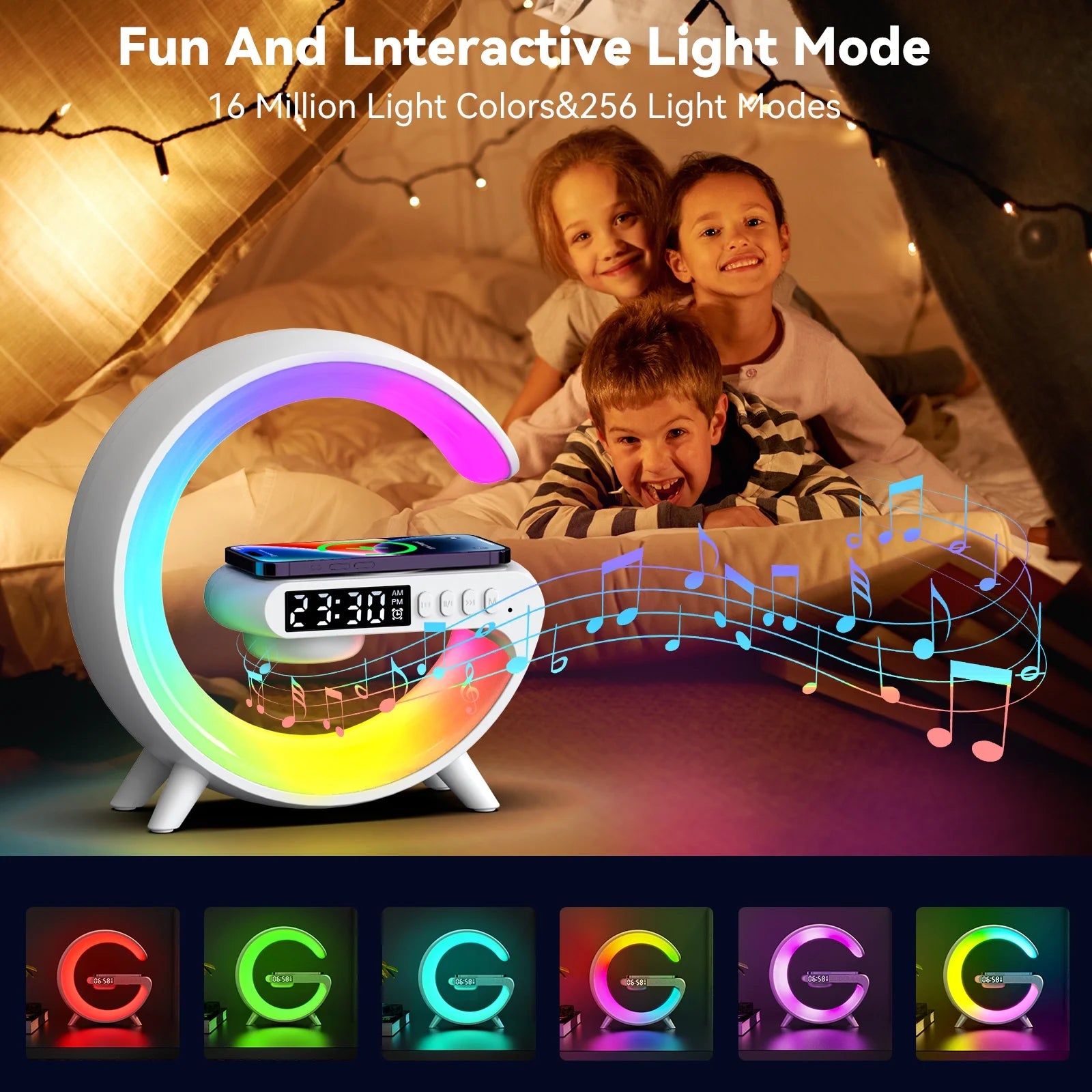 Multi-Function G-Shape Table Lamp – Wireless Speaker, Adjustable Light, Alarm Clock & Charger