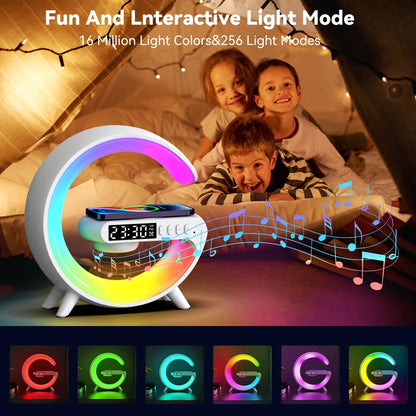 Multi-Function G-Shape Table Lamp – Wireless Speaker, Adjustable Light, Alarm Clock & Charger