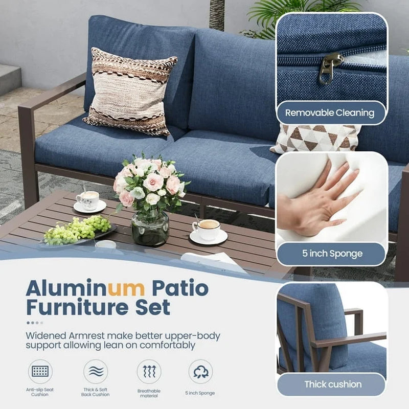 Contemporary Aluminum Patio Couch Set – Blue Outdoor Conversation Furniture
